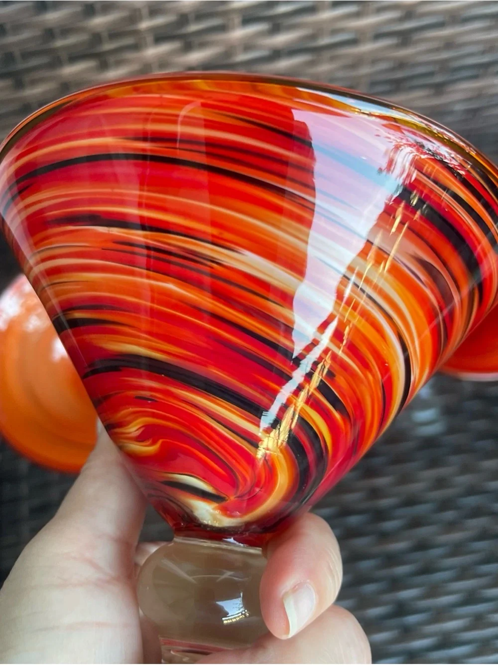 3 Pier 1 Hand Blown Red, Orange, Black Swirls Martini Margarita Glasses 7